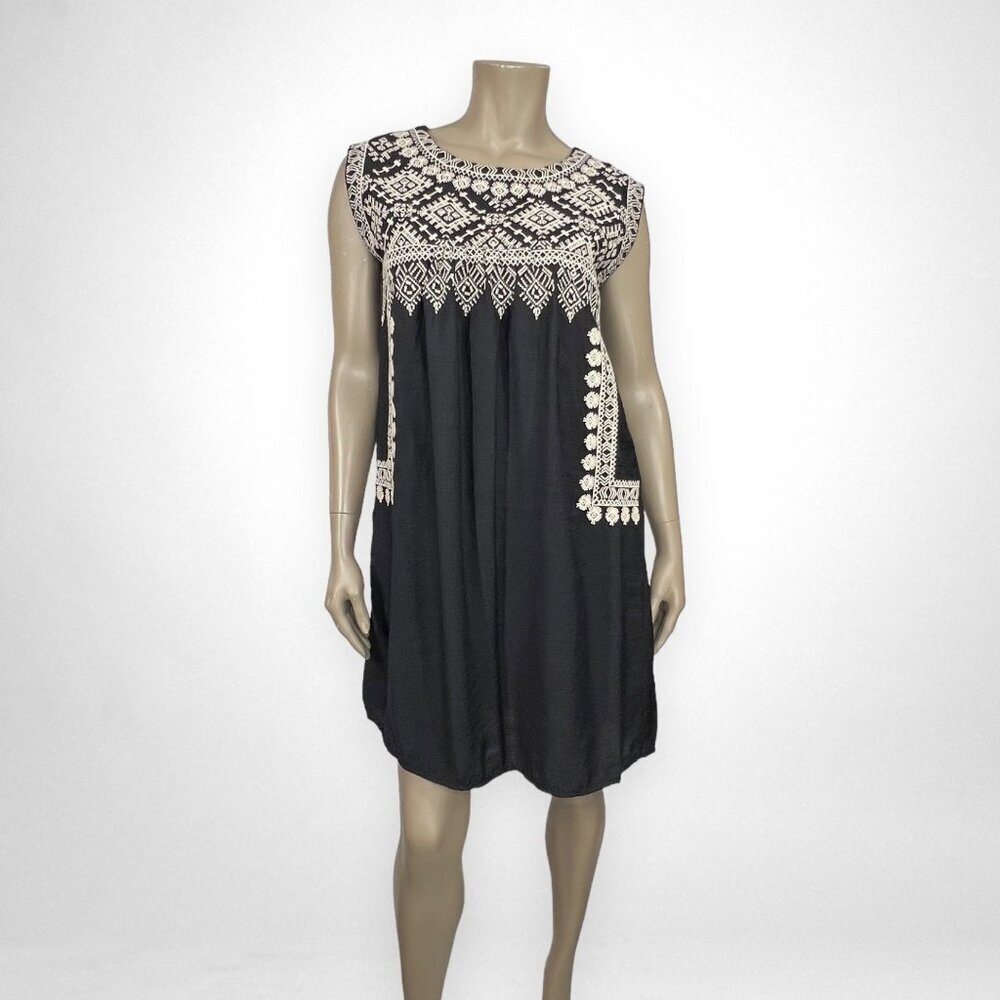 THML Moroccan Embroidered Shift Black Dress M